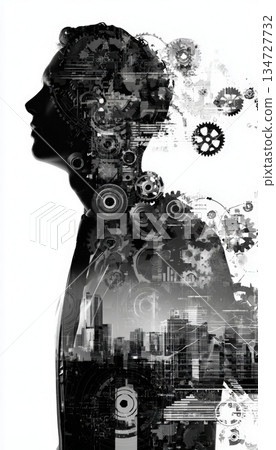 Silhouette of Human Merging with Machine Gears in Futuristic Concept Art 134727732