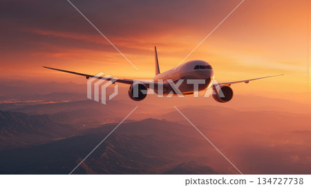 Airplane Cruising at Twilight with Gradient Orange Sky and Cinematic Lighting 134727738