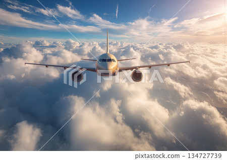 Modern Airplane Soaring Above Clouds in Bright Sunlight 134727739