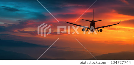 Silhouette of Airplane Flying at Sunset with Dramatic Horizon Colors 134727744