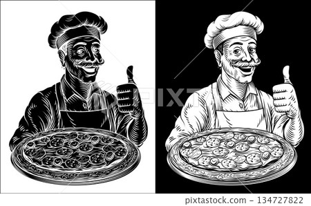 Pizza Chef Vintage Style Pizzeria Illustration 134727822