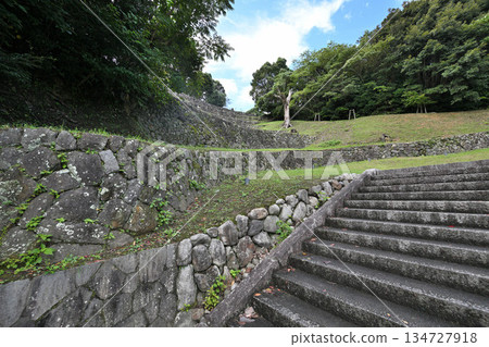 Toba Castle in Shima Province, Mie Prefecture: Main enclosure and stone walls. Castle ruins with views of the sea and railway. 134727918