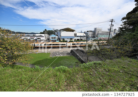 Toba Castle in Shima Province, Mie Prefecture: Main enclosure and stone walls. Castle ruins with views of the sea and railway. Toba Castle in Shima Province, Mie Prefecture: Main enclosure and stone walls. Castle ruins with views of the sea and railway. 134727925