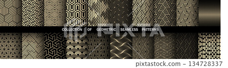 Geometric set of seamless black and golden patterns. Simple vector graphics 134728337