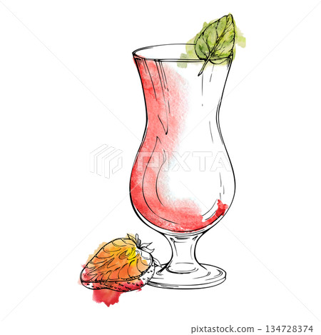 Strawberry daiquiri, fruit juice or milkshake cocktail in hurricane glass, berry slice and mint leaf garnish. Watercolor and ink mixed hand drawn illustration. Cafe or bar summer menu, vendor board Strawberry daiquiri, fruit juice or milkshake cocktail in hurricane glass, berry slice and mint leaf garnish. Watercolor and ink mixed hand drawn illustration. Cafe or bar summer menu, vendor board 134728374