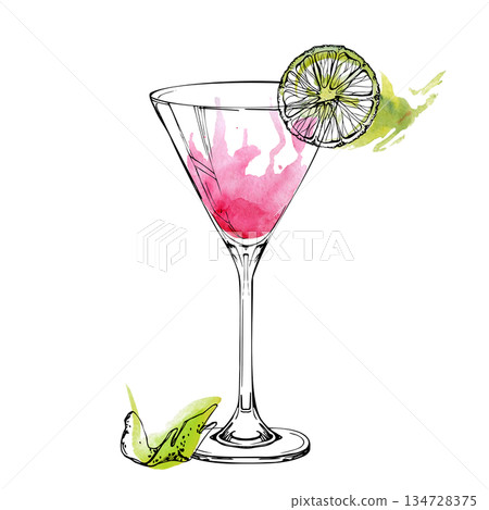 Bright pink lady Cosmopolitan cocktail in martini glass with lime slice and wheel, watercolor wash, ink lines. Isolated illustration for event graphics, product packaging, cocktail-themed branding. Bright pink lady Cosmopolitan cocktail in martini glass with lime slice and wheel, watercolor wash, ink lines. Isolated illustration for event graphics, product packaging, cocktail-themed branding. 134728375
