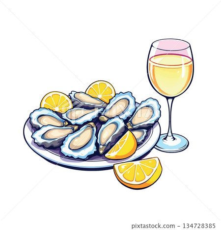 Vsai fresh oysters on plate with lemon and wine glass 134728385
