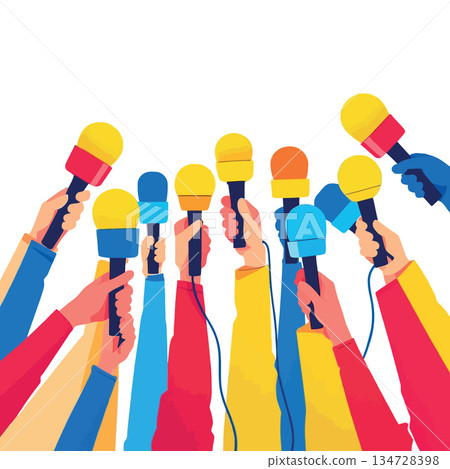 Hands holding microphones during press interview conference Hands holding microphones during press interview conference 134728398
