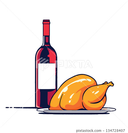 Vsai roast turkey and red wine bottle for holiday celebration Vsai roast turkey and red wine bottle for holiday celebration 134728407