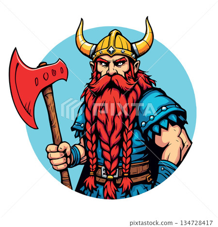 Vsai viking warrior cartoon character holding a battle axe Vsai viking warrior cartoon character holding a battle axe 134728417