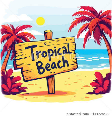 Vsai tropical beach wooden sign standing on sand with palm trees Vsai tropical beach wooden sign standing on sand with palm trees 134728420