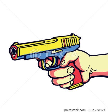 Vsai hand holding pop art pistol colorful illustration Vsai hand holding pop art pistol colorful illustration 134728421