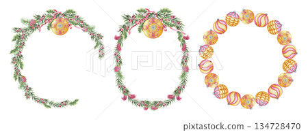 Set of Christmas wreath with yellow glass balls and yew branch in the circle and oval shape. Pink and green hand painted watercolor add a winter mood. Ideal for festive frame template and card design. Set of Christmas wreath with yellow glass balls and yew branch in the circle and oval shape. Pink and green hand painted watercolor add a winter mood. Ideal for festive frame template and card design. 134728470
