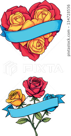 Vsai hand drawn roses forming heart shape with banner Vsai hand drawn roses forming heart shape with banner 134728556