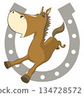 New Year's card material: Illustration of a horse jumping over a lucky horseshoe 2026 Vector 134728572