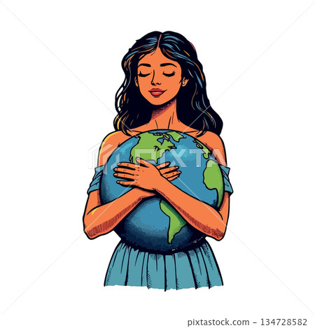 Vsai woman embracing earth symbol of care and conservation Vsai woman embracing earth symbol of care and conservation 134728582