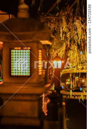 夜幕下的城崎溫泉，燈籠和成排的柳樹（兵庫縣豐岡市） 134728586