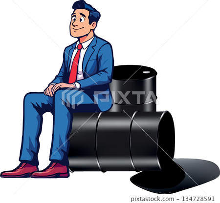 Vsai businessman sitting on oil barrels with crude spill Vsai businessman sitting on oil barrels with crude spill 134728591