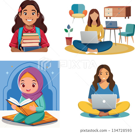 Vsai diverse women and girls learning with books and laptops Vsai diverse women and girls learning with books and laptops 134728593