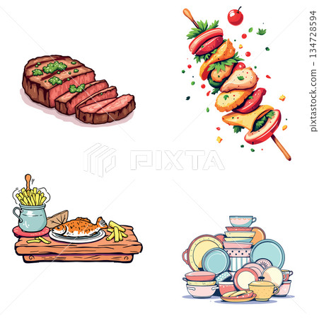 Vsai different types of food and kitchenware illustration Vsai different types of food and kitchenware illustration 134728594