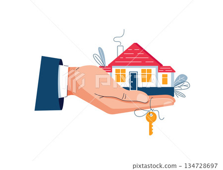 Buy a house concept. Man holding a house and key in hand. Deal sale, property purchase, real estate agency 134728697