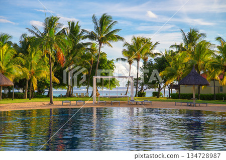 Luxury Beach Resort Pool with Palm Trees in Mauritius 134728987