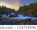 Pollfoss Waterfall on Framruste River at Sunset, Oppland, Norway 134728996