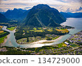Aerial View of Andalsnes, Rauma River and Romsdalsfjord in Norway 134729000