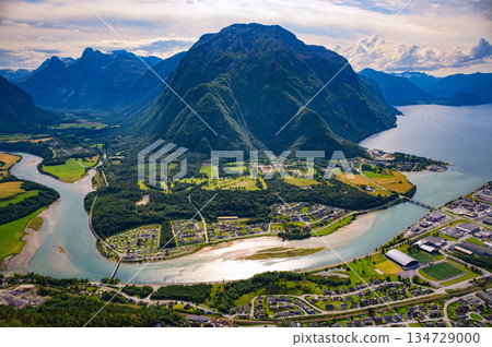 Aerial View of Andalsnes, Rauma River and Romsdalsfjord in Norway Aerial View of Andalsnes, Rauma River and Romsdalsfjord in Norway 134729000