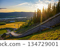 Summer Sunset over Lillehammer and Lake Mjosa from Ski Jump Arena in Norway 134729001
