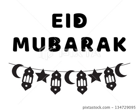 Eid Mubarak banner with hanging lanterns and decorative elements. Minimal Islamic vector illustration on white background 134729095