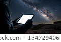 Tablet with a blank screen under a starry night sky. Concept of innovation, futuristic technology, digital creativity, and professional stock illustration. Perfect for advertising and presentations. 134729406