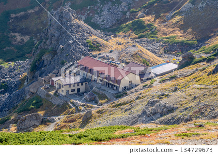 View of the summit lodge from the terrace of Hakuba Sanso (in front of Sky Plaza Hakuba) - Hiking Mt. Hakuba in the Northern Alps 134729673