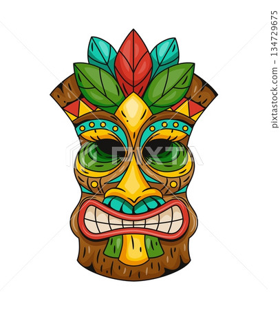 Ritual traditional mask. Wooden idol. Exotic tropical ethnic Polynesian Tiki totem. Aztec or mexican tribal colorful sculpture, statue face, ancient god. Vector cartoon flat isolated illustration Ritual traditional mask. Wooden idol. Exotic tropical ethnic Polynesian Tiki totem. Aztec or mexican tribal colorful sculpture, statue face, ancient god. Vector cartoon flat isolated illustration 134729675