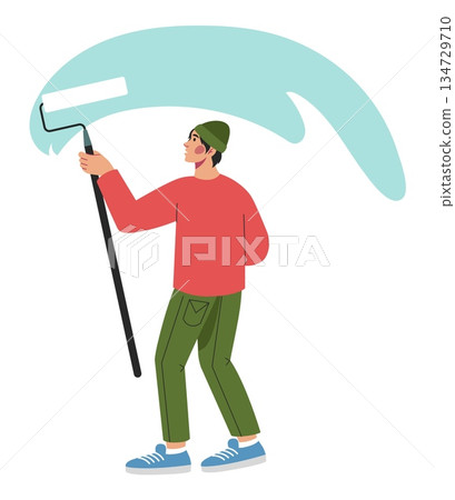 Man painting wall. Interior repainting with roller, home renovation process, fresh color application and practical maintenance, room refresh. Vector cartoon flat style isolated repairman illustration Man painting wall. Interior repainting with roller, home renovation process, fresh color application and practical maintenance, room refresh. Vector cartoon flat style isolated repairman illustration 134729710