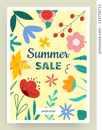 Summer sale poster. Doodle floral special offer, cute tiny leaves and flowers background. Typography discount card design, shop promo, retail promotion, online seasonal shopping. Vector illustration 134729713