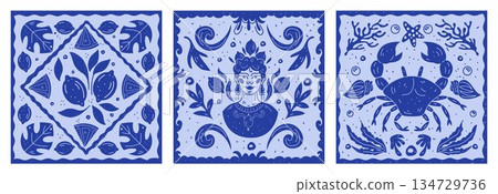 Summer lemon pattern. Mediterranean frame square. Italy traditional ornament graphic. Fabric print design. Textile handkerchief art. Decorative composition botanical motif. Vector bandana tidy design 134729736