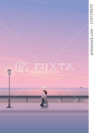 Seascape sunset view from sidewalk with couple of lover kissing have dramatic sky vertical background graphic illustration. 134729979