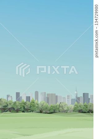 Public park with grass field in the city have skyscrapers and blue sky vertical background graphic illustration. Public park with grass field in the city have skyscrapers and blue sky vertical background graphic illustration. 134729980