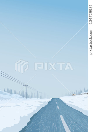 Local road through the countryside landscape covered by white snow have pine forest and blue sky background graphic illustration. Local road through the countryside landscape covered by white snow have pine forest and blue sky background graphic illustration. 134729985