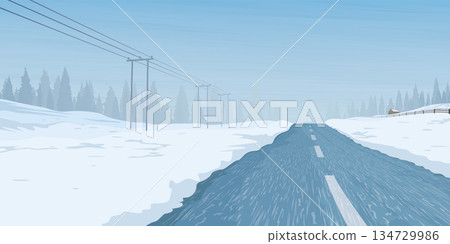 Local road through the countryside landscape covered by white snow have pine forest and blue sky background graphic illustration. 134729986