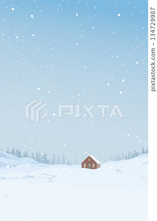 Winter landscape with lonely country house covered by white snow have silhouette pine forest and blue sky vertical background graphic illustration. 134729987