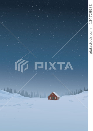 Winter landscape at night with lonely country house covered by white snow have silhouette pine forest and starry sky vertical background graphic illustration. 134729988