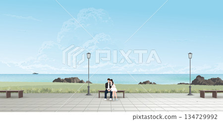 Couple of lover kissing on the bench at seaside have blue sky background graphic illustration. Sweetheart's dating concept have blank space. Couple of lover kissing on the bench at seaside have blue sky background graphic illustration. Sweetheart's dating concept have blank space. 134729992
