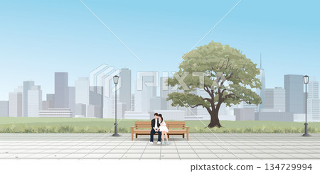 Couple of lover kissing on the bench at public park have skyscraper and blue sky background graphic illustration. Sweetheart's dating concept have blank space. 134729994