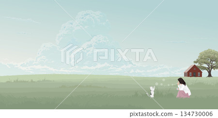 Minimalist countryside landscape with woman and cat playing soap bubbles on grass field have blue sky background graphic illustration. 134730006