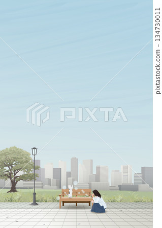 Cityscape with woman and cat playing soap bubbles at public park have skyscraper and blue sky vertical background graphic illustration. 134730011