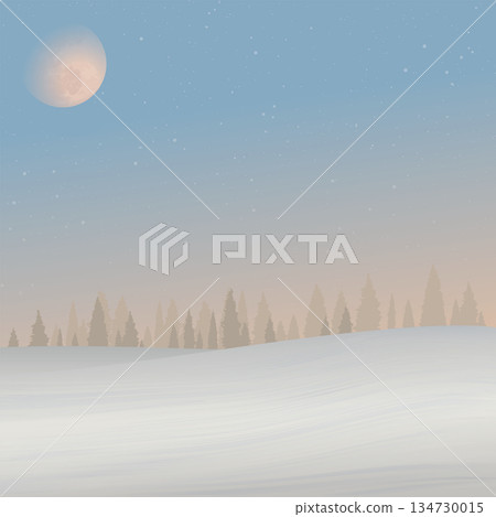 Minimalist sunset snowscape with silhouette pine forest have moon and starry on vanilla sky square background graphic illustration. Minimalist sunset snowscape with silhouette pine forest have moon and starry on vanilla sky square background graphic illustration. 134730015