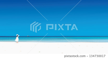 Tropical blue sea with woman standing on white sand beach have blue sky background graphic illustration. Traveling in summer concept have blank space. Tropical blue sea with woman standing on white sand beach have blue sky background graphic illustration. Traveling in summer concept have blank space. 134730017