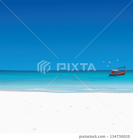 White sand beach and tropical blue sea with fishing boat followed by seagulls have blue sky square background graphic illustration. Traveling in summer concept have blank space. 134730020